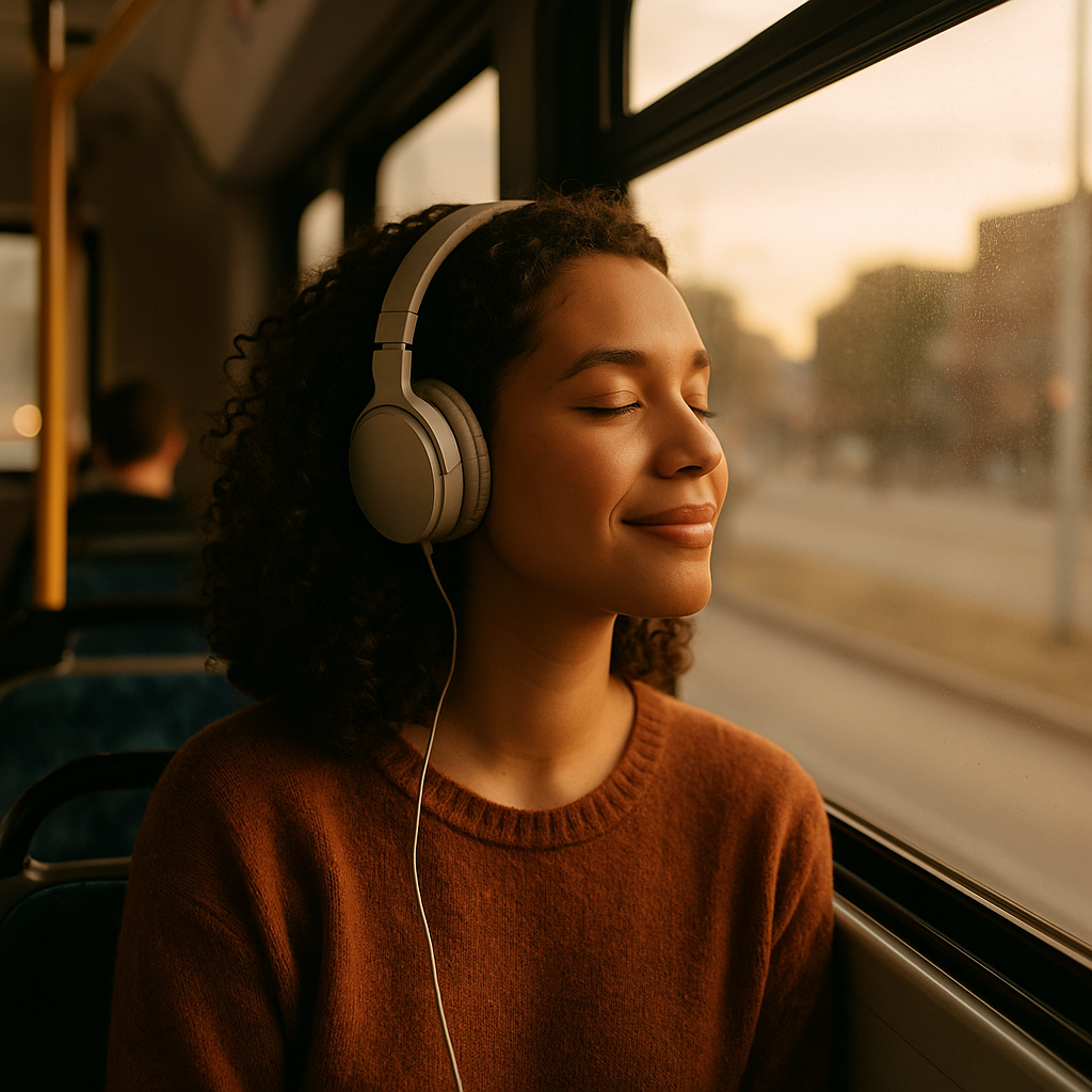 Chica con cascos mirnado por la ventava audiobranding Flyabit